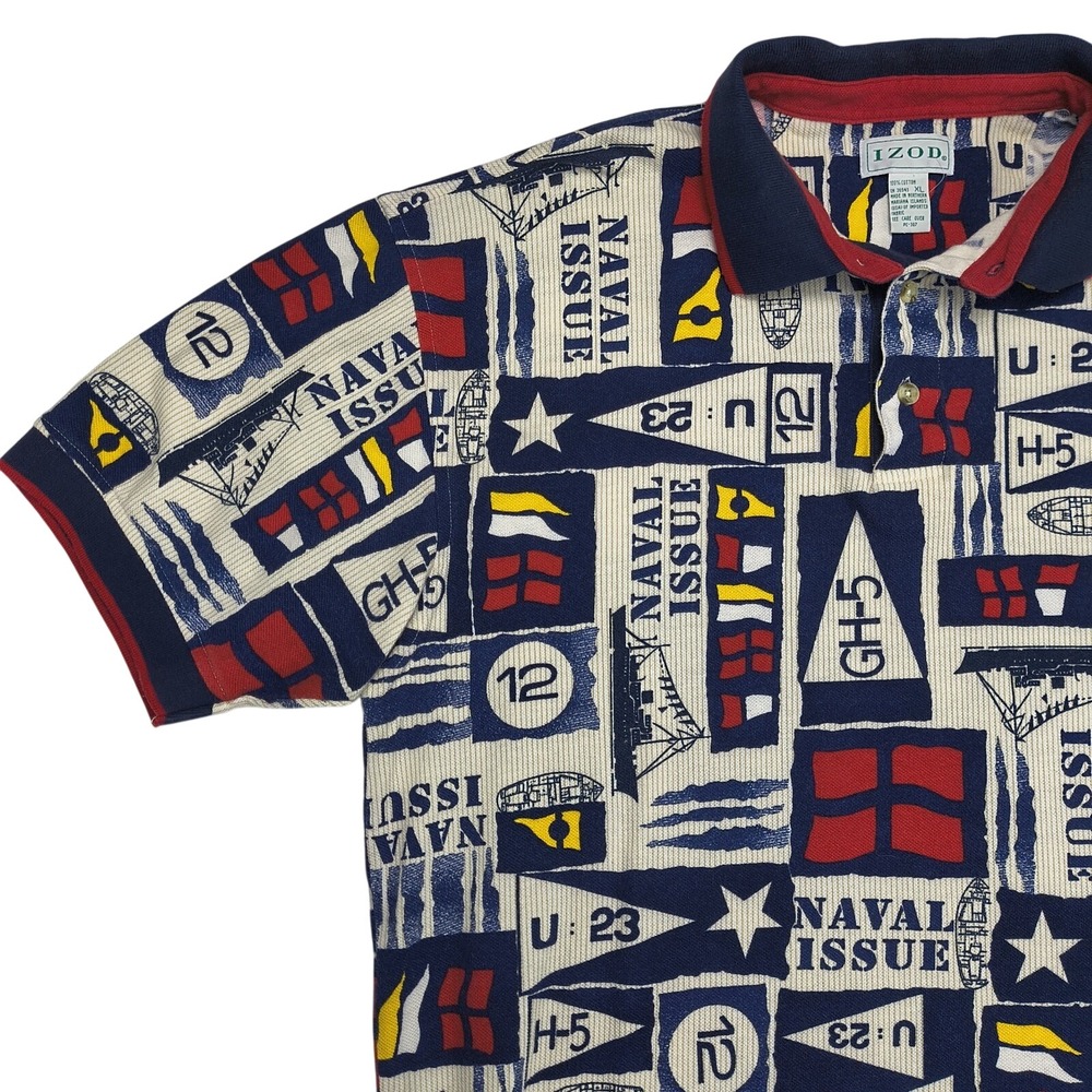 IZOD Mens XL Vintage Nautical Naval Issue Signal Flag Polo Shirt Blue Red Cotton